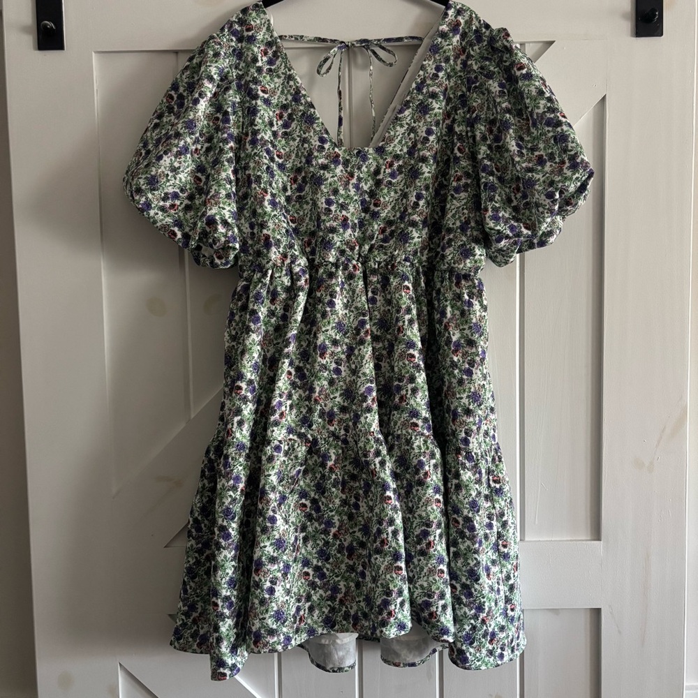 English Factory Floral Puff Sleeve Jacquard High-Low Dress - Picture 5 of 9